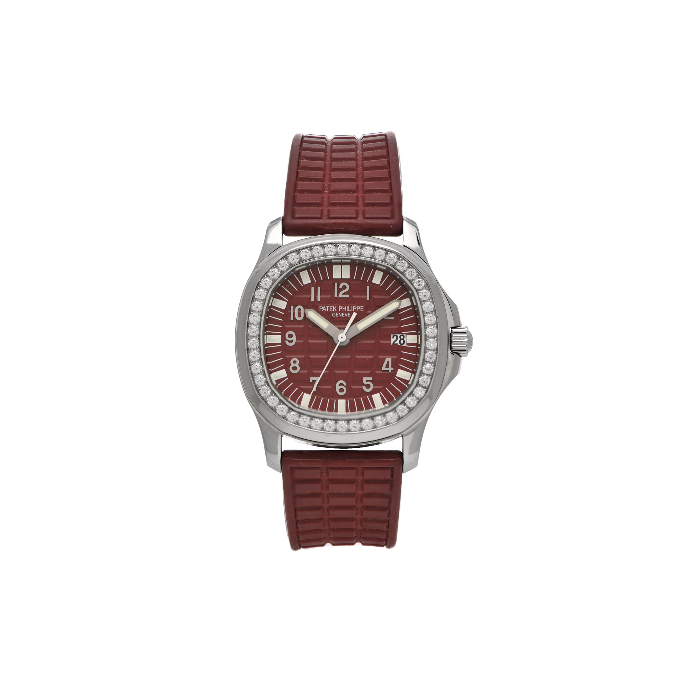 PATEK PHILIPPE STAINLESS STEEL RUBBER DIAMOND 37MM AQUANAUT QUARTZ WATCH BURGUNDY 5067A-010